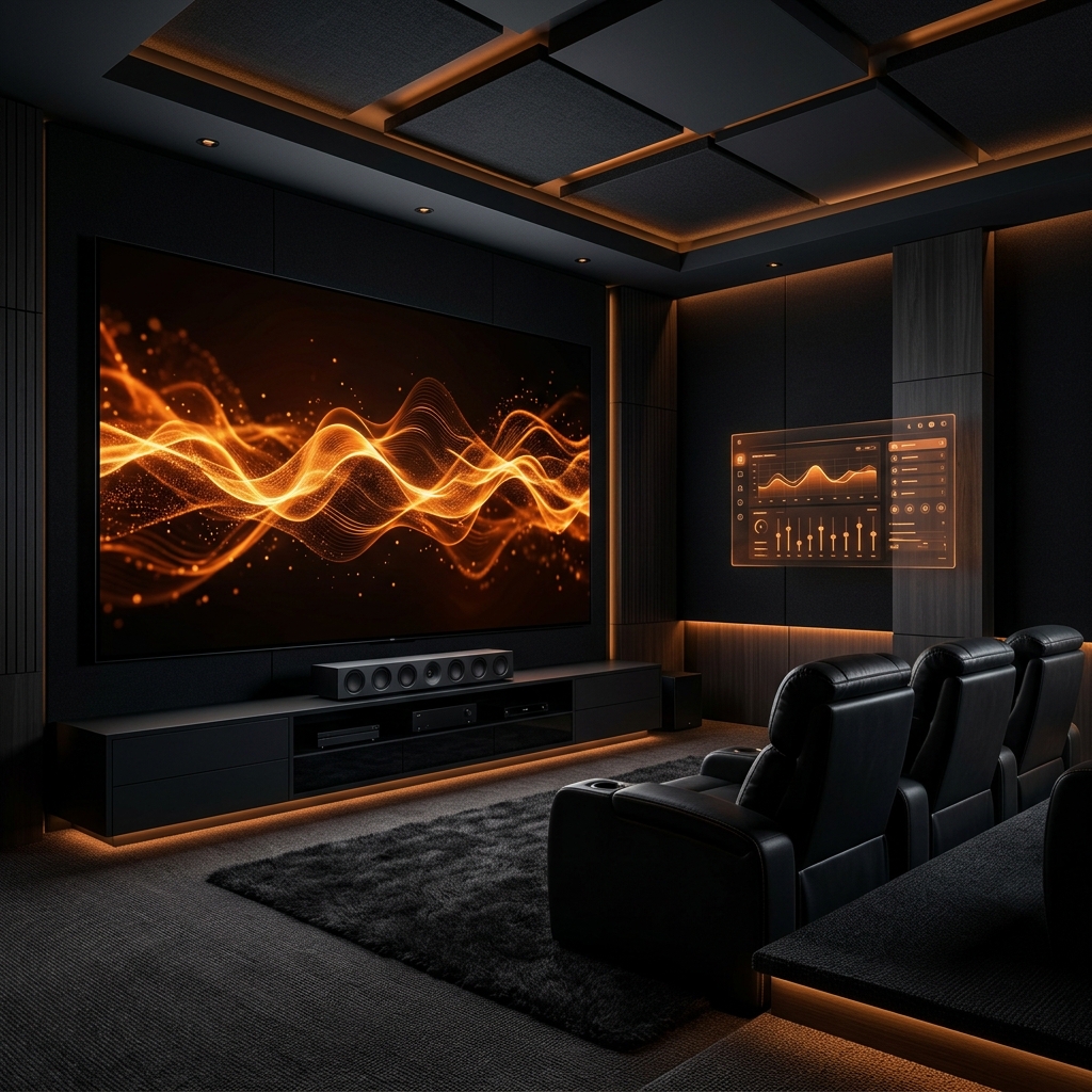 Proz Player – premium dark home theater setup with orange holographic controls